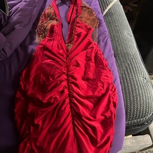 Red Ruched Halter Dress